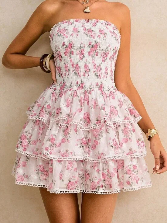 Pink Boho Women's Mini Dress with Ruffle Hem and Cherry Blossom Print - Picture 3 of 6